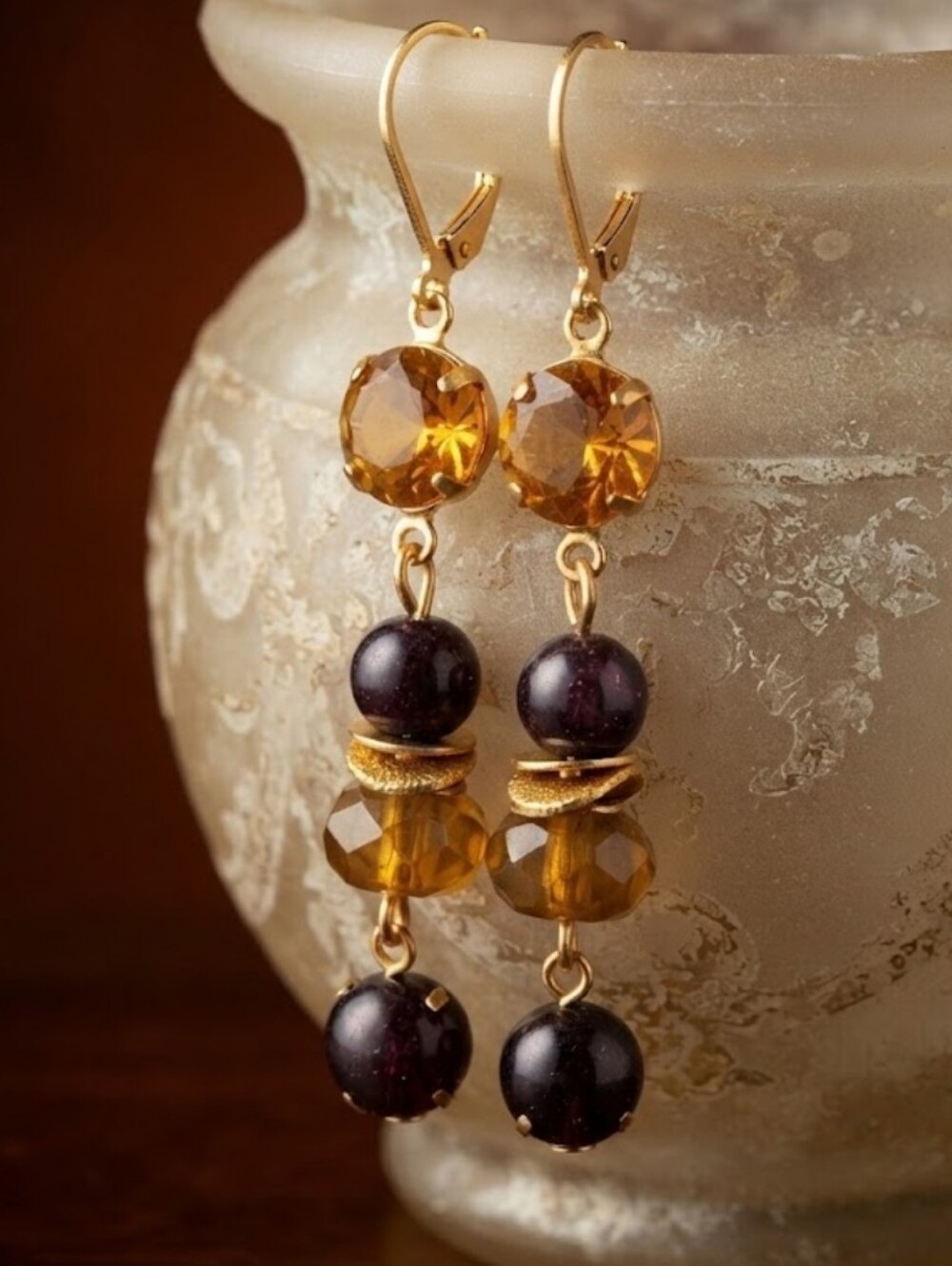 Genuine 3.4 Carats Citrine And Natural Garnet Beads Drop Down Earrings